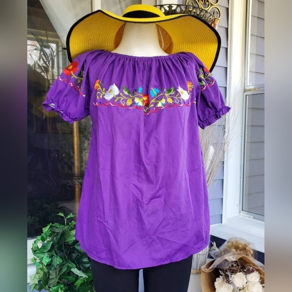 VTG 80's Hecho In Mexico Purple Floral Embroidered Pleated Puff Shoulder Blouse - Picture 1 of 5
